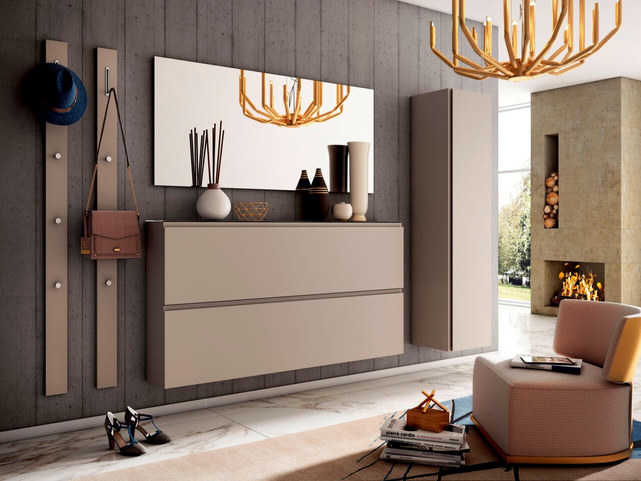 Moderano XL-Hängeschuhschrank LECCO Moderner XL-Hängeschuhschrank in einem stilvollen Wohnzimmer, seitliche Perspektive, mit Dekorationen und einem großen Spiegel darüber.