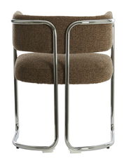 Rückansicht eines Armlehnstuhls mit braunem Stoffbezug und verchromtem Metallrahmen.