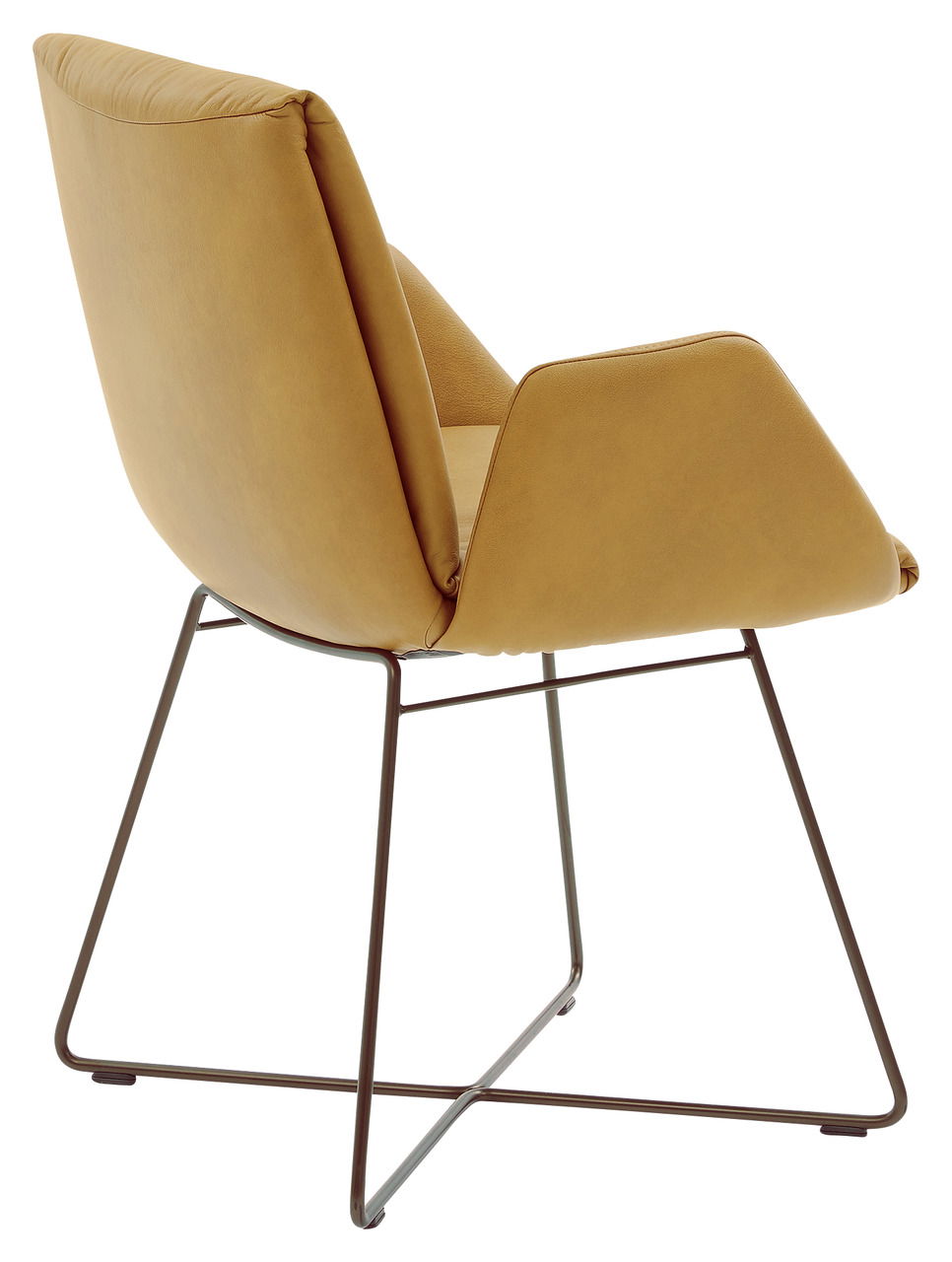 Moderner Sessel in hellbraunem Leder mit Metallgestell, seitliche Rückansicht