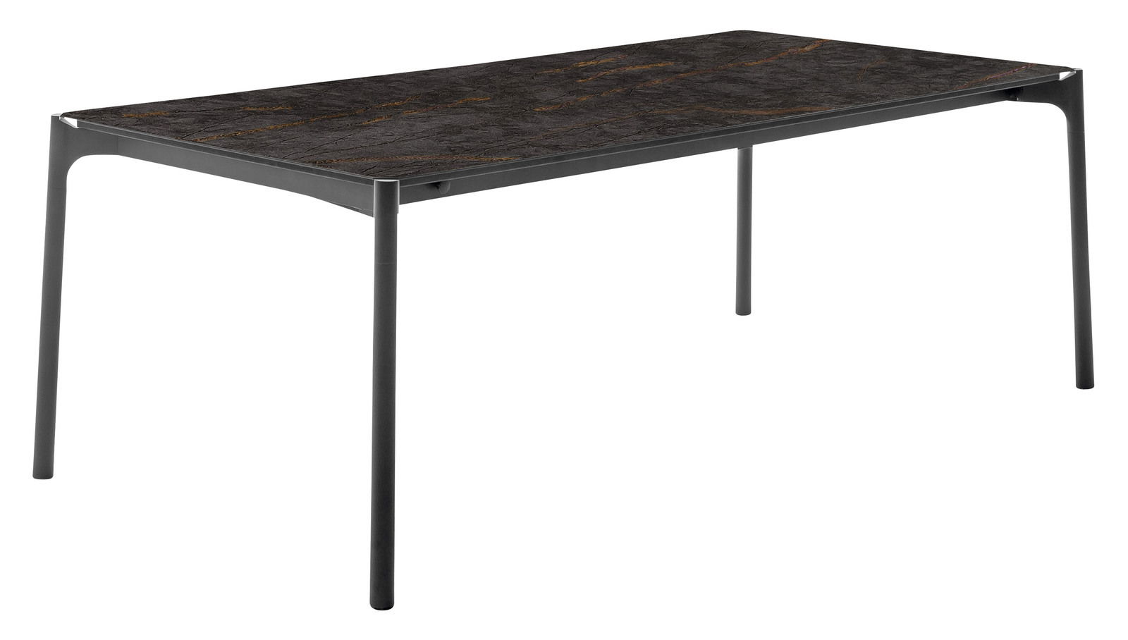 Moderner Esstisch mit dunkler Tischplatte und schlanken Metallbeinen, seitliche Perspektive