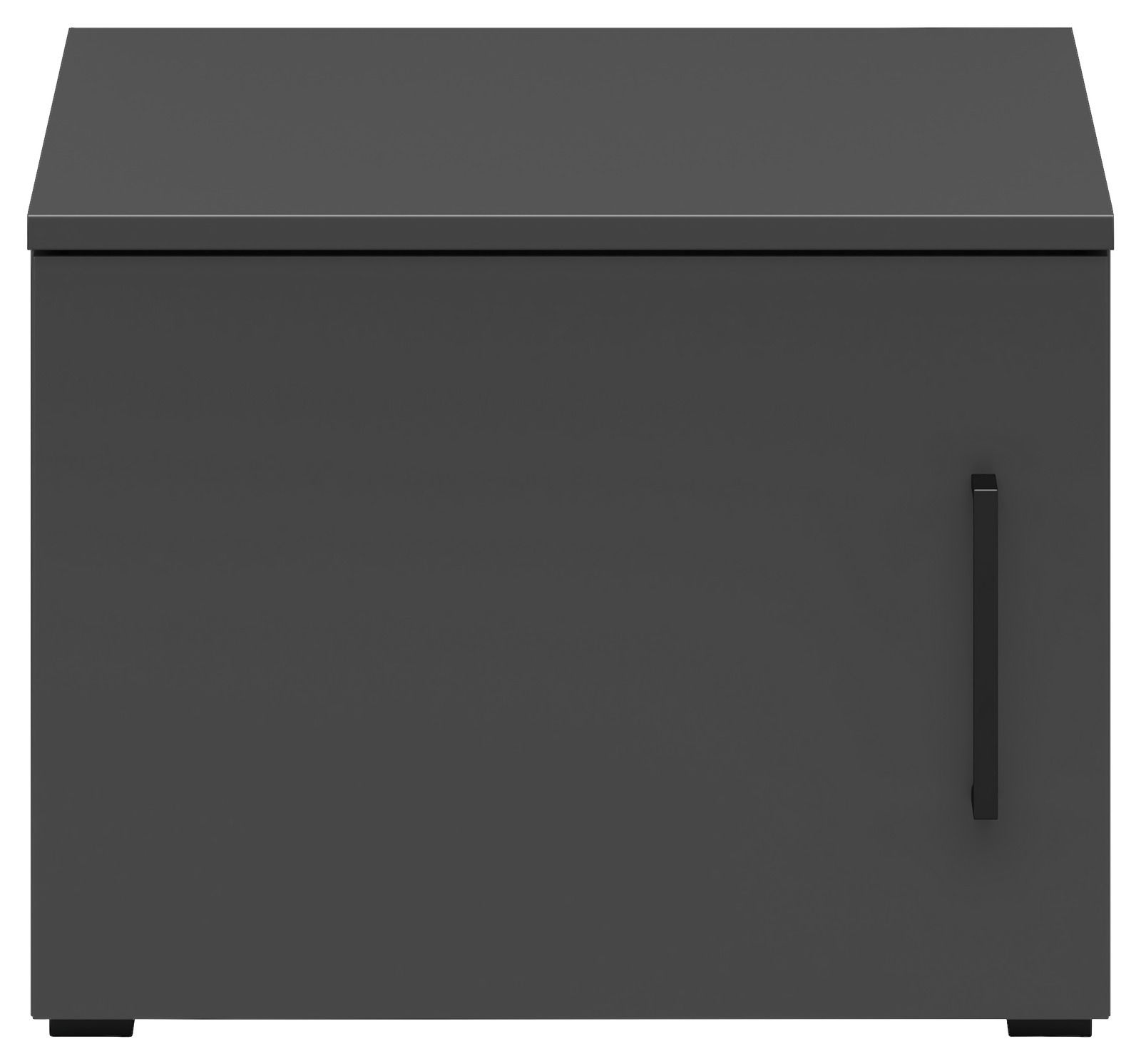 Grauer Aufsatzschrank mit schwarzem Griff, Frontalansicht