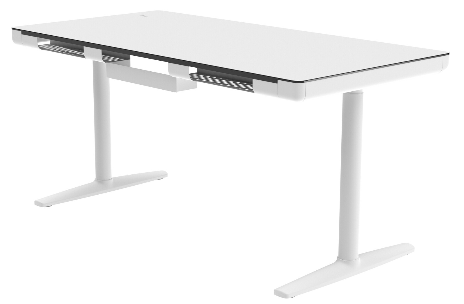 Moderner weißer E-Schreibtisch mit zwei T-Füßen, seitliche Perspektive
