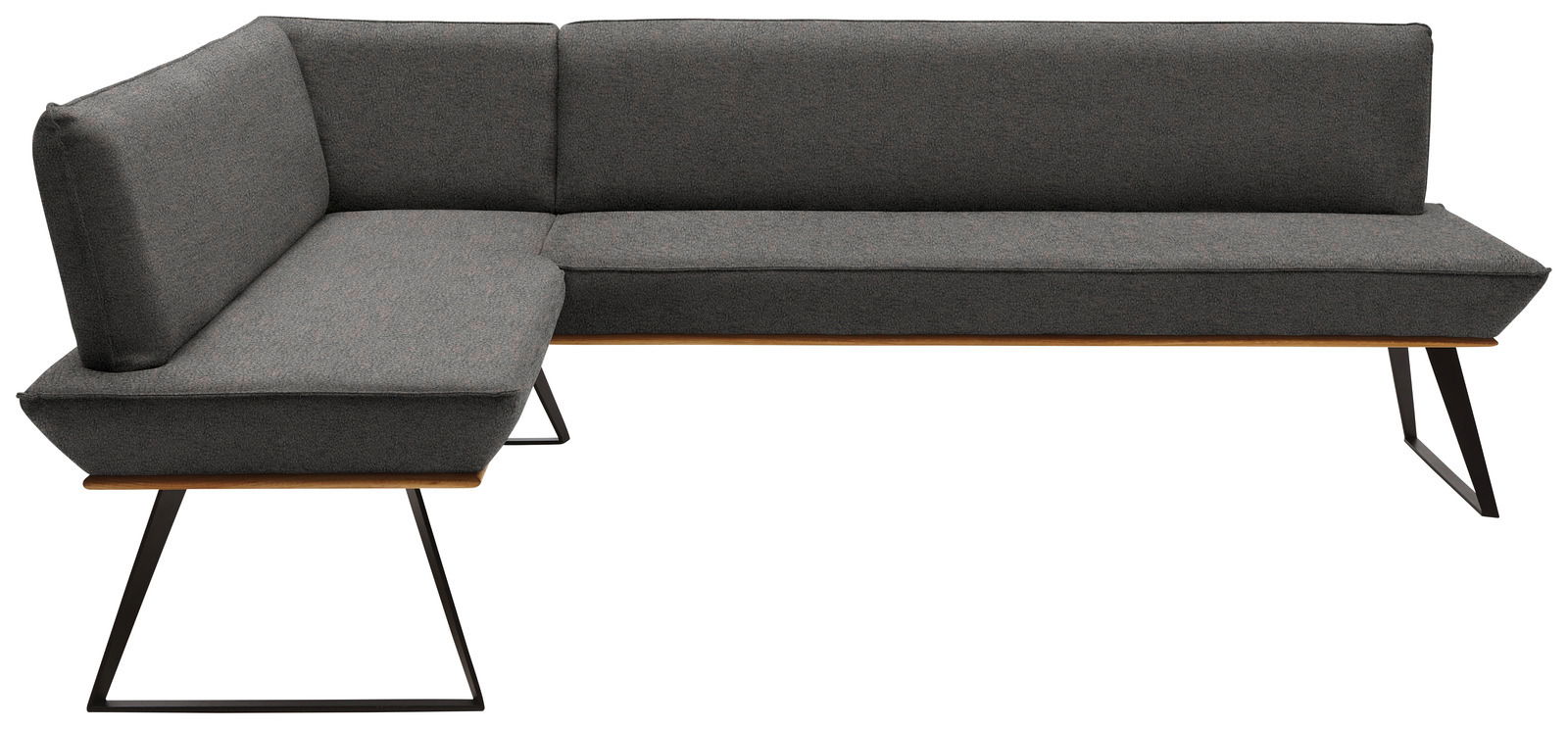 Graue Eckbank mit modernem Design, Metallbeinen und Polsterung, seitliche Perspektive
