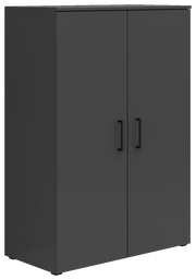 Schwarze Kommode mit zwei Türen und schwarzen Griffen, seitliche Perspektive