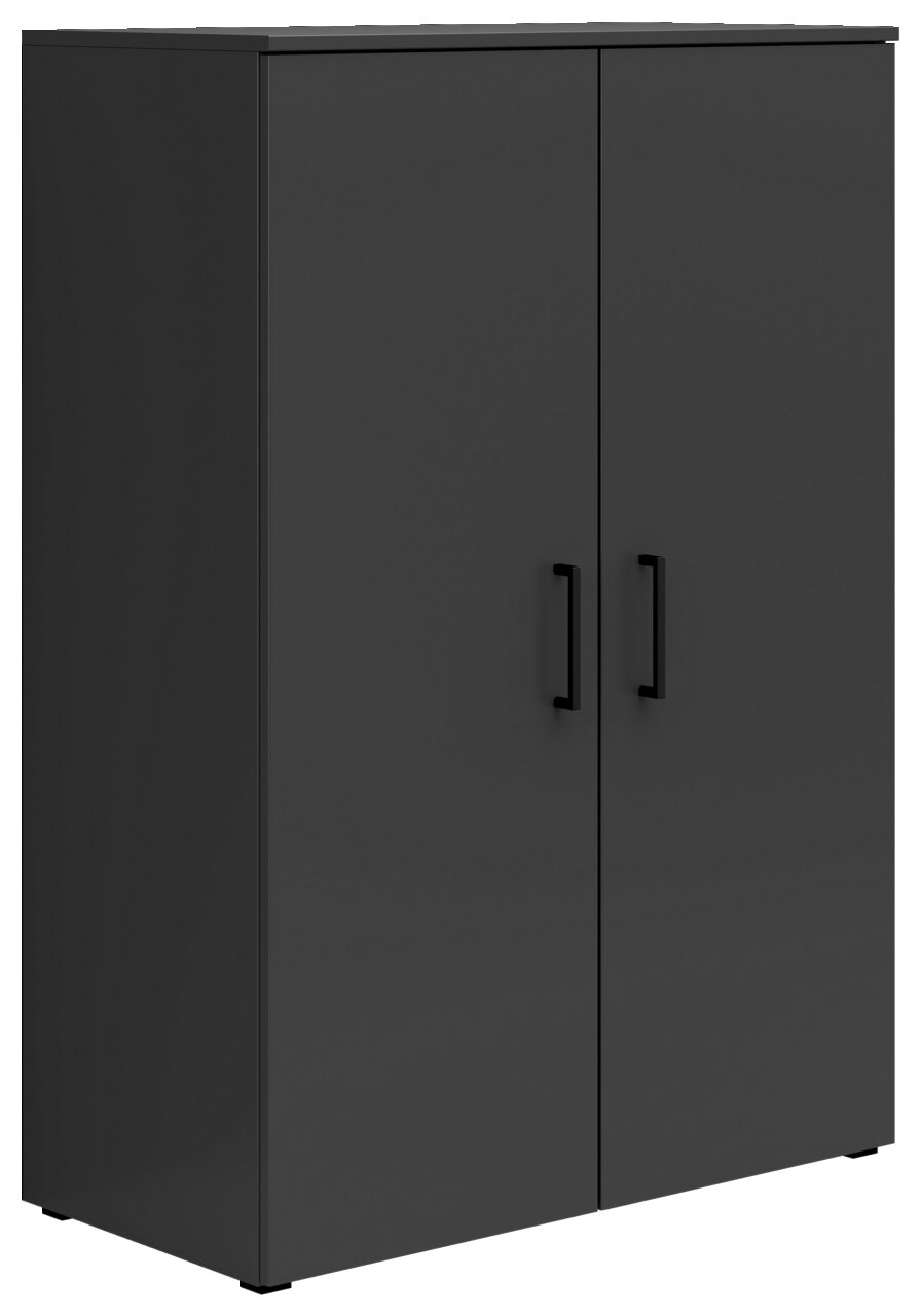 Carryhome Kommode MULTISTAURAUM Schwarze Kommode mit zwei Türen und schwarzen Griffen, seitliche Perspektive