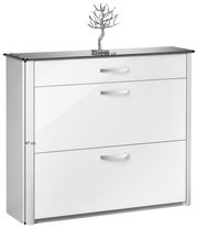 Moderner weißer Schuhschrank mit zwei Schubladen und silbernen Griffen, seitliche Perspektive