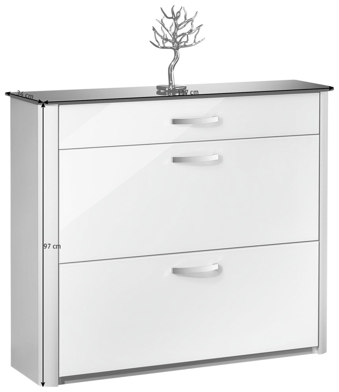 Moderner weißer Schuhschrank mit zwei Schubladen und silbernen Griffen, seitliche Perspektive