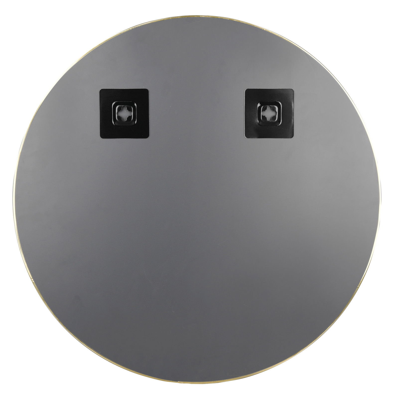 Runder Spiegel mit einem Durchmesser von ca. 50 cm aus der XORA Spiegel Serie ESRA, Rückansicht mit zwei Befestigungspunkten.