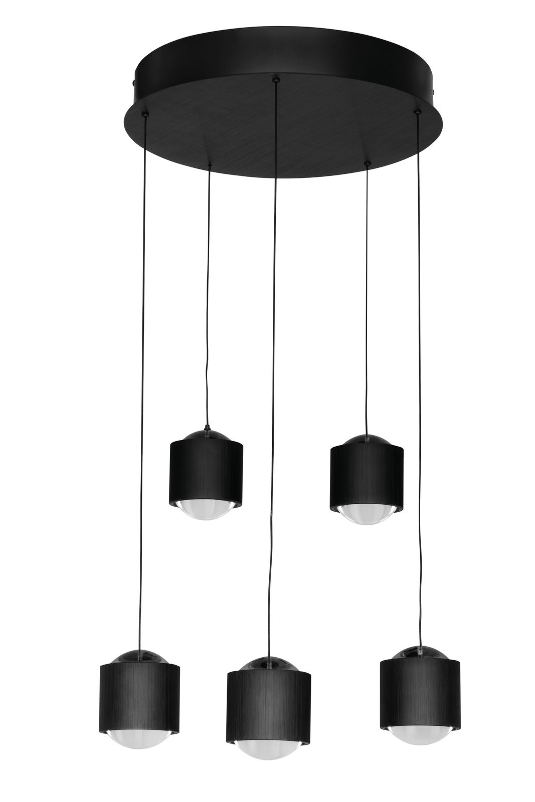 Moderne LED-Hängeleuchte mit fünf schwarzen Lampenschirmen, von unten betrachtet.