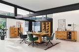 Modernes Wohnzimmer mit Holzmöbeln, darunter ein Highboard, Sideboard und Vitrine, aus hellem Holz mit LED-Beleuchtung, umgeben von großen Fenstern. Perspektive: Frontalansicht.