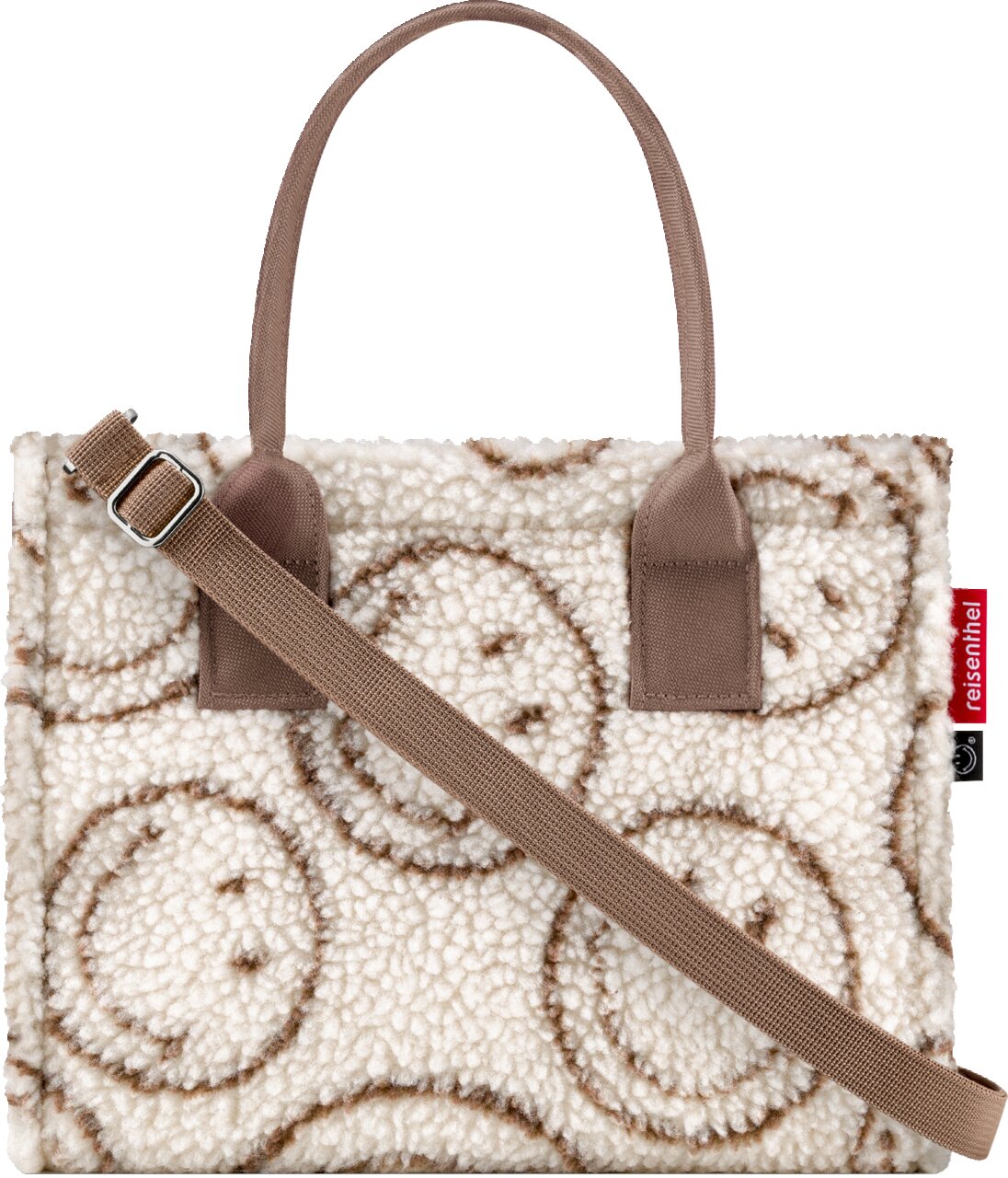 Flauschige Reisenthel Shopper-Tasche aus Teddyfleece in Creme mit braunem Muster, zwei Tragehenkeln und verstellbarem Schultergurt, Frontansicht