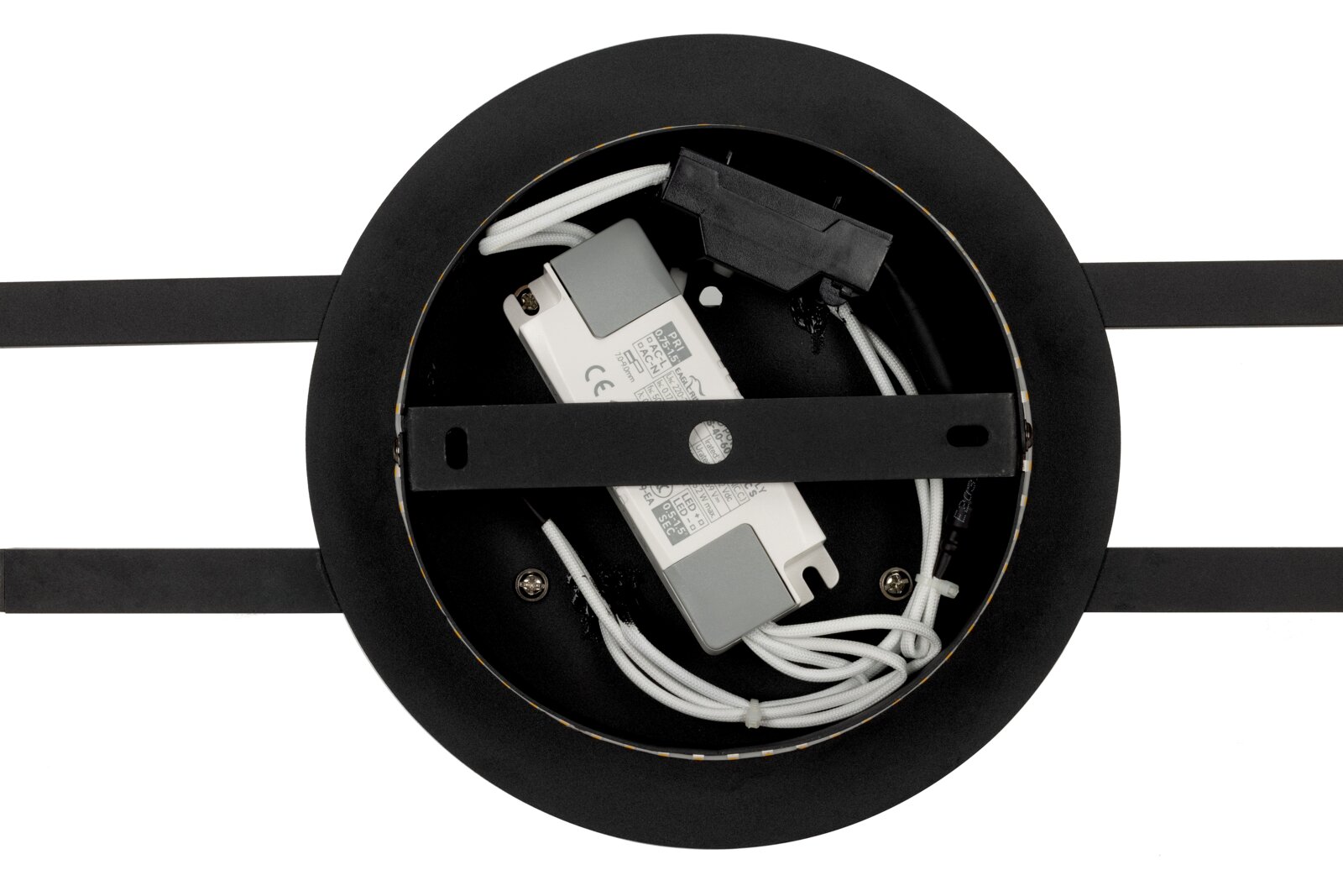 Rückansicht einer LED-Deckenleuchte mit sichtbarer Verkabelung und Elektronik.