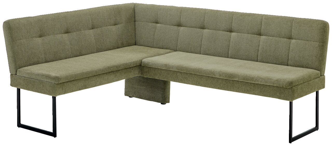 Groene hoekbank met stoffen bekleding en metalen poten, gezien van links vooraan