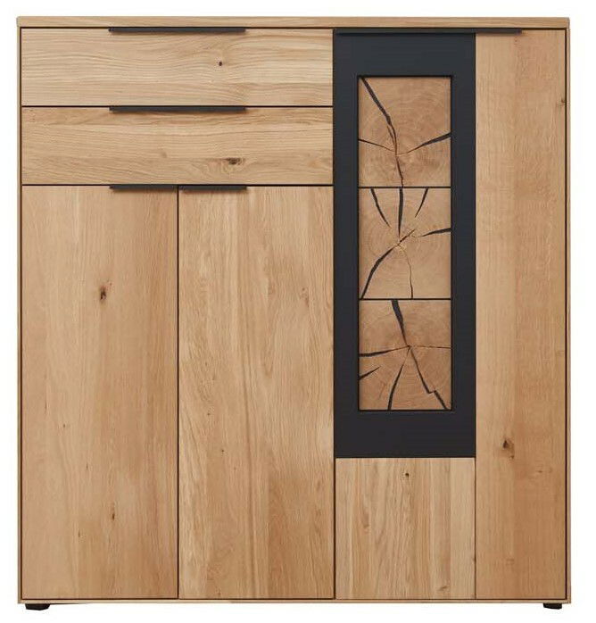 Frontansicht eines Highboards aus Holz mit zwei Schubladen und einer dekorativen Glaseinlage.