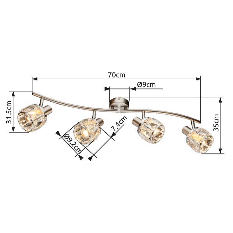Deckenstrahler mit vier verstellbaren Leuchten, Kristallglas-Design, seitliche Perspektive