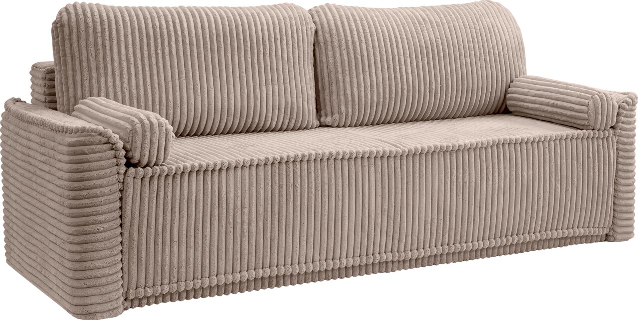 Beiges Schlafsofa mit geripptem Stoffbezug, seitliche Perspektive