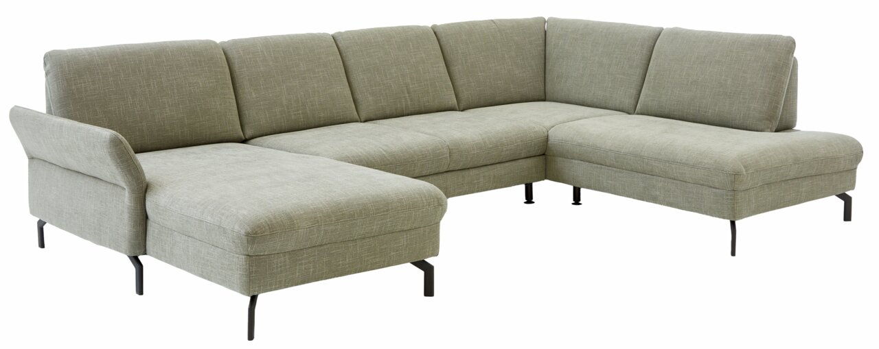 Beldomo System Wohnlandschaft WIESBADEN Graue Polsterrundecke in L-Form mit schwarzem Metallgestell, seitliche Perspektive