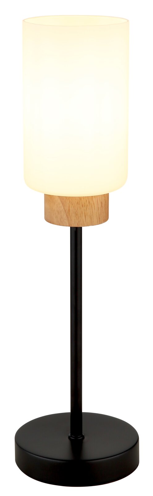 Moderne Tischlampe mit zylindrischem, opalweißem Glasschirm, Holzdetail und schwarzem Metallfuß, frontale Ansicht