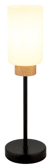 Moderne Tischlampe mit zylindrischem, opalweißem Glasschirm, Holzdetail und schwarzem Metallfuß, frontale Ansicht