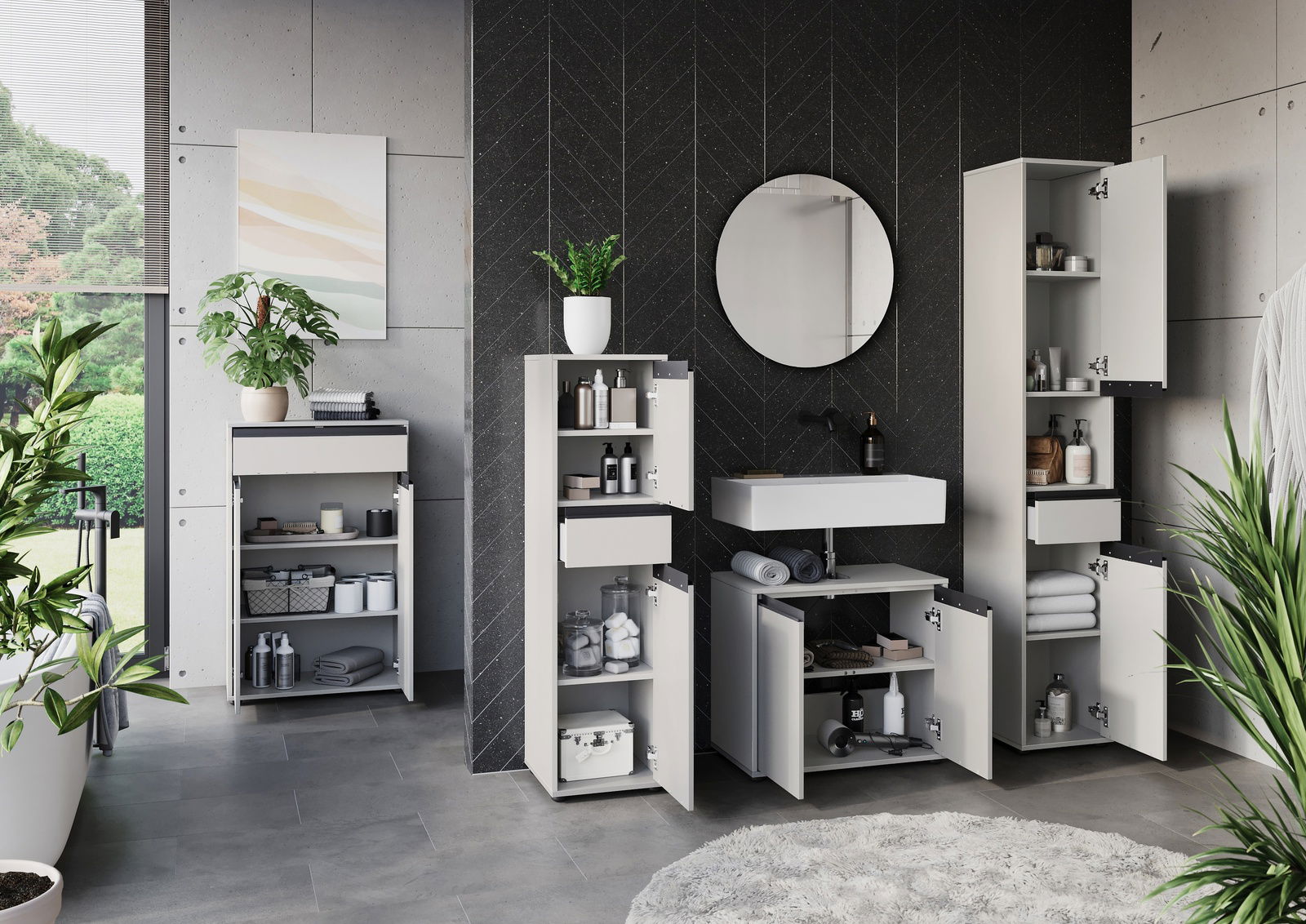 Moderner Waschbeckenunterschrank in einem stilvollen Badezimmer, frontal betrachtet, mit offenen Türen, die Stauraum für Handtücher und Pflegeprodukte zeigen.