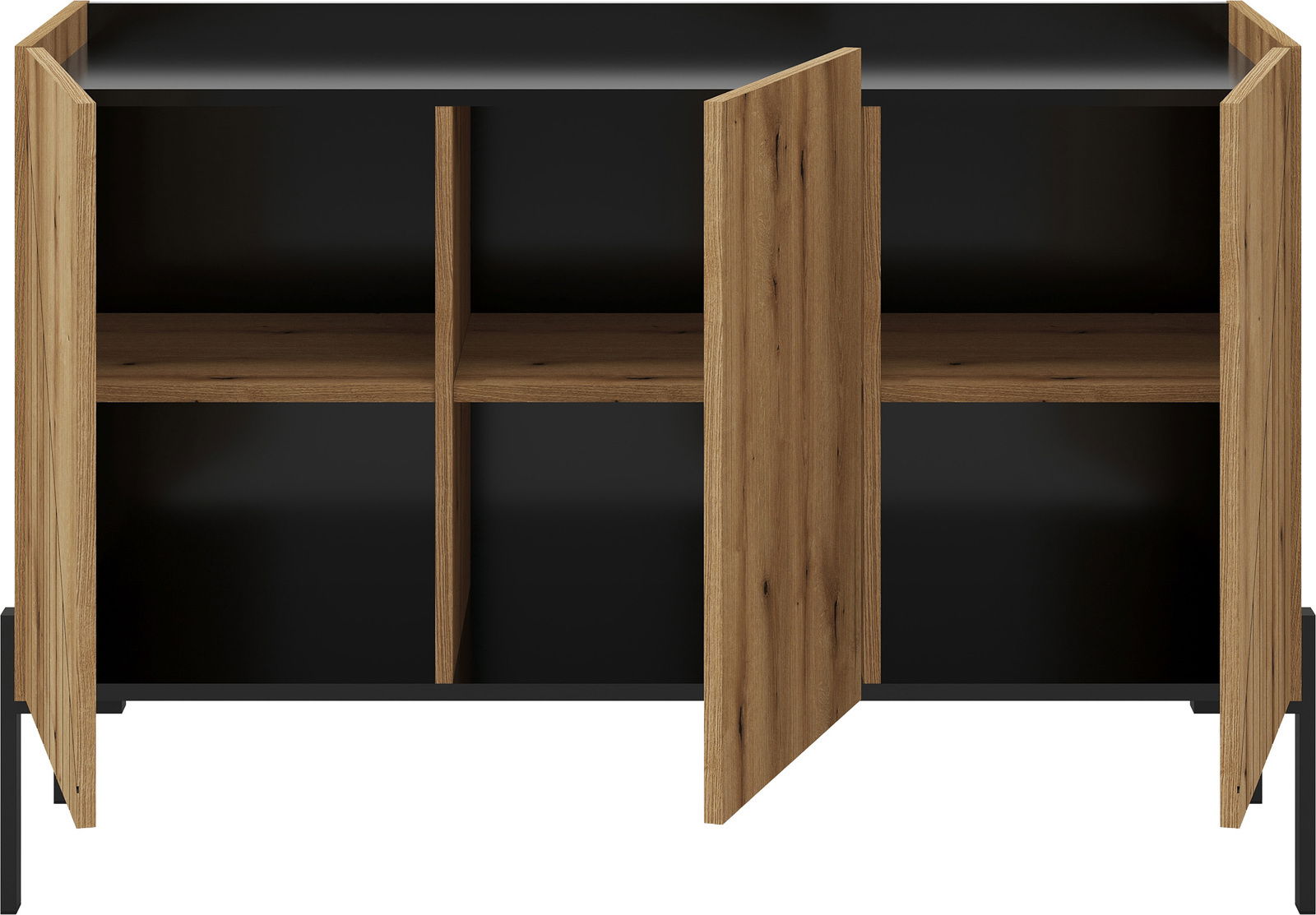 Frontansicht eines modernen Sideboards mit offenen Holztüren und schwarzen Innenfächern.