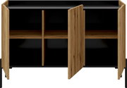 Frontansicht eines modernen Sideboards mit offenen Holztüren und schwarzen Innenfächern.