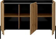 Frontansicht eines modernen Sideboards mit offenen Holztüren und schwarzen Innenfächern.