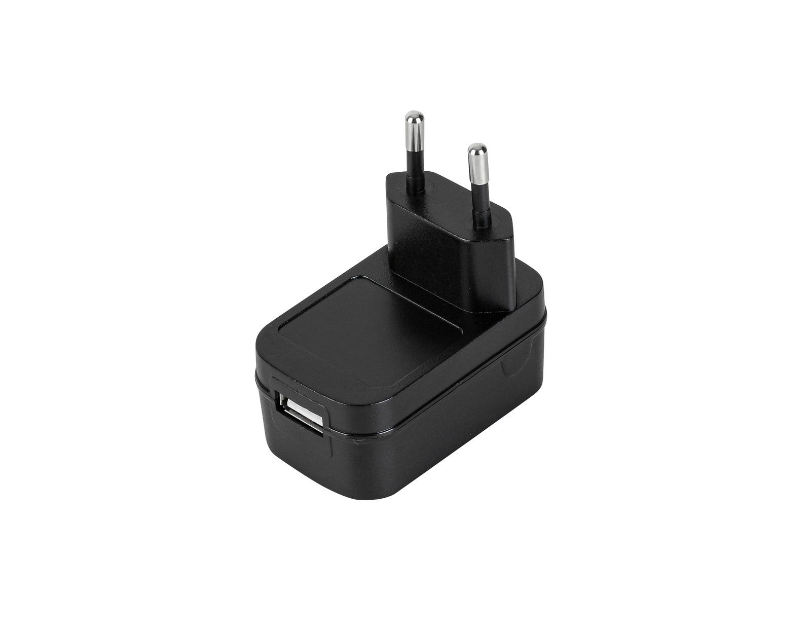 Schwarzes USB-Ladegerät mit EU-Stecker, seitliche Perspektive