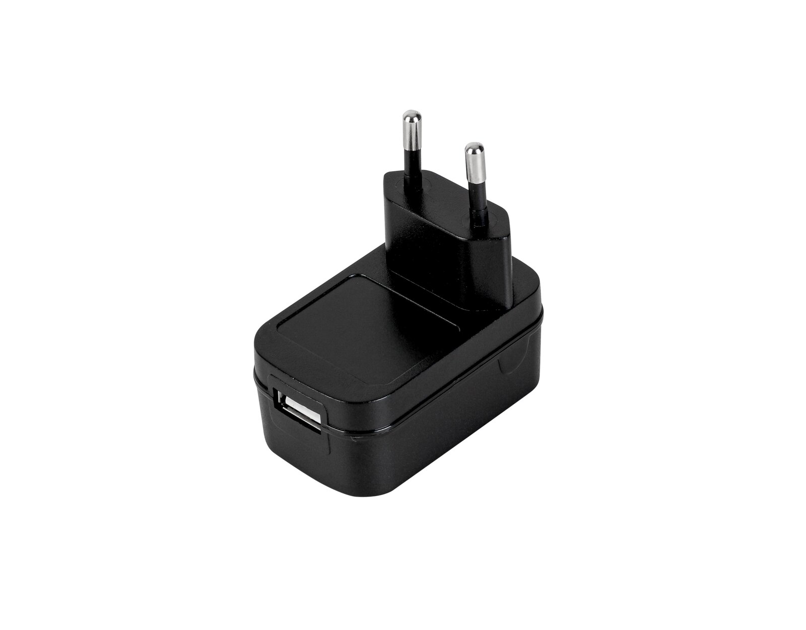 Schwarzes USB-Ladegerät mit EU-Stecker, seitliche Perspektive