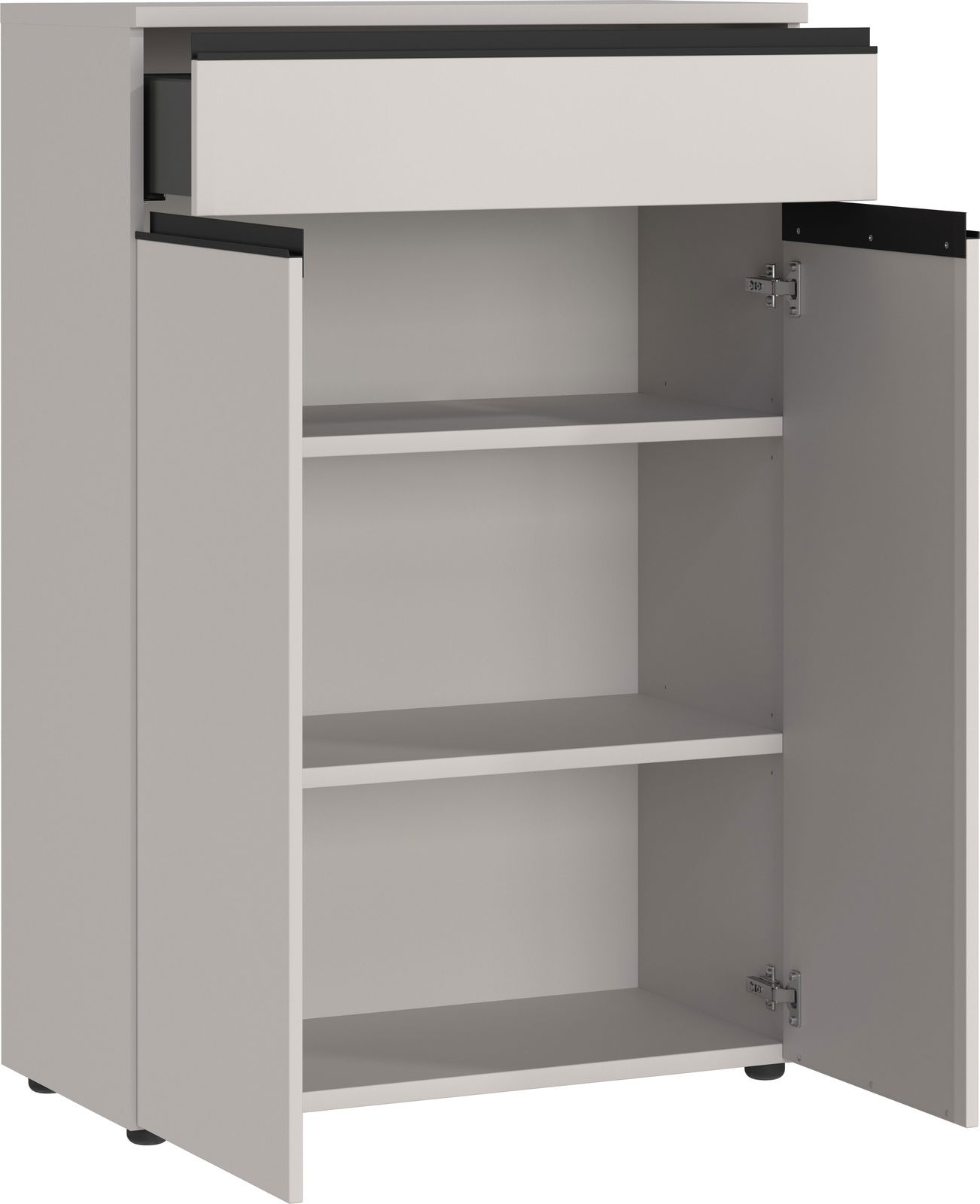 Aktenschrank mit geöffneter Schublade und Türen, Frontansicht