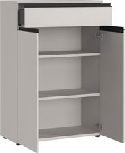 Aktenschrank mit geöffneter Schublade und Türen, Frontansicht