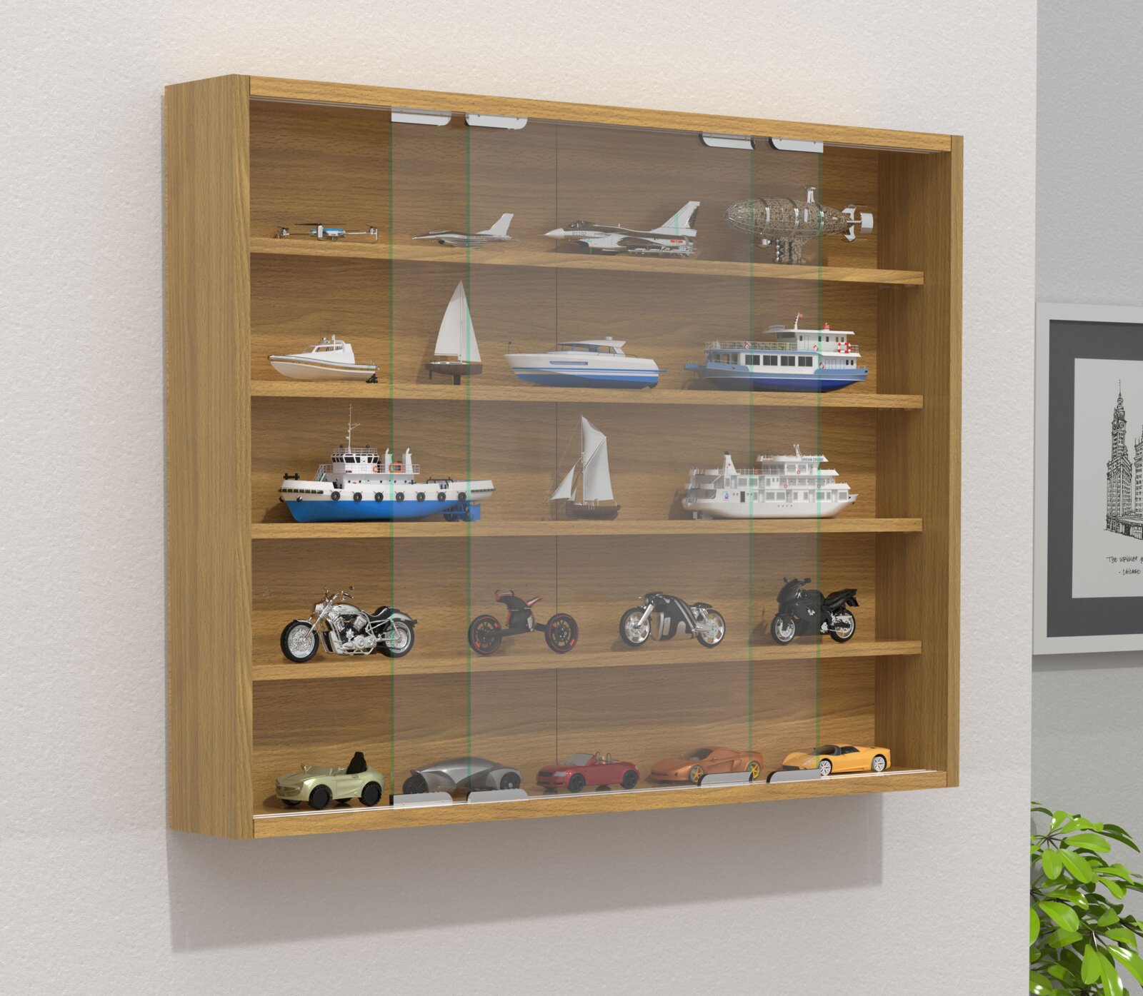 Wandvitrine aus Holz mit Glas-Schiebetüren und mehreren Regalböden, bestückt mit Modellfahrzeugen und -schiffen, in leicht schräger Frontansicht von links.