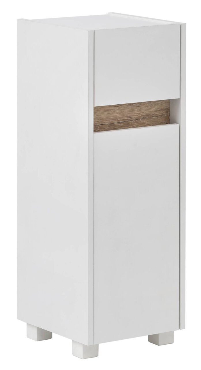 Moderner weißer Unterschrank mit Holzdetail, frontal fotografiert