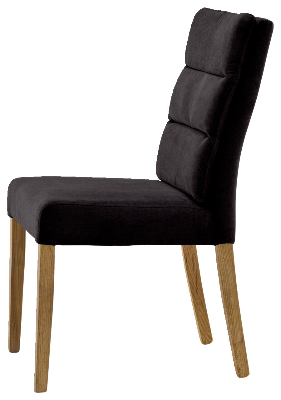 Moderner Stuhl mit schwarzem Polster und Holzbeinen, Seitenansicht