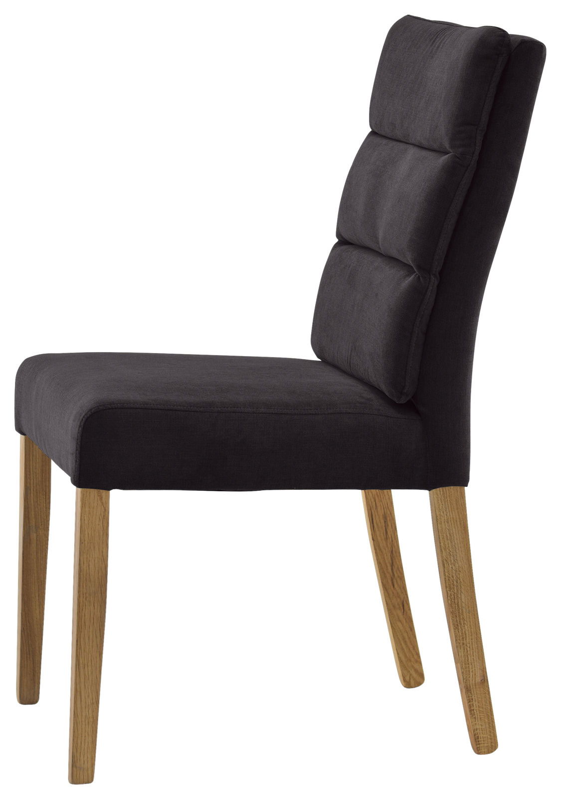 Moderner Stuhl mit schwarzem Polster und Holzbeinen, Seitenansicht