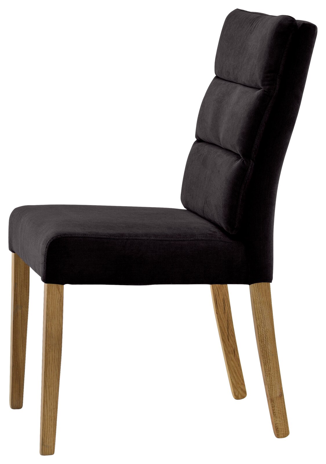 Moderner Stuhl mit schwarzem Polster und Holzbeinen, Seitenansicht