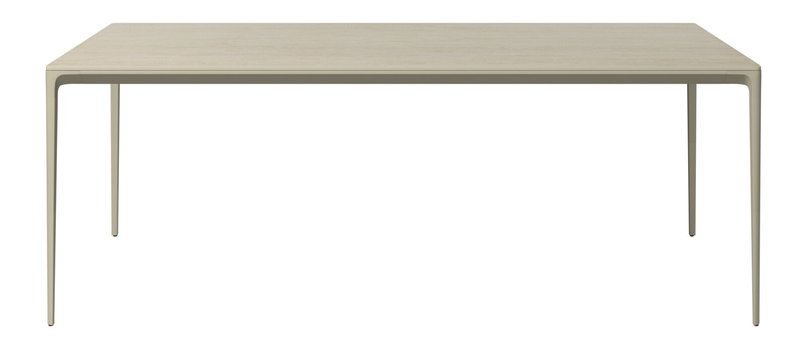 Moderner Gartentisch aus Holz mit schlanken Metallbeinen, frontal betrachtet.