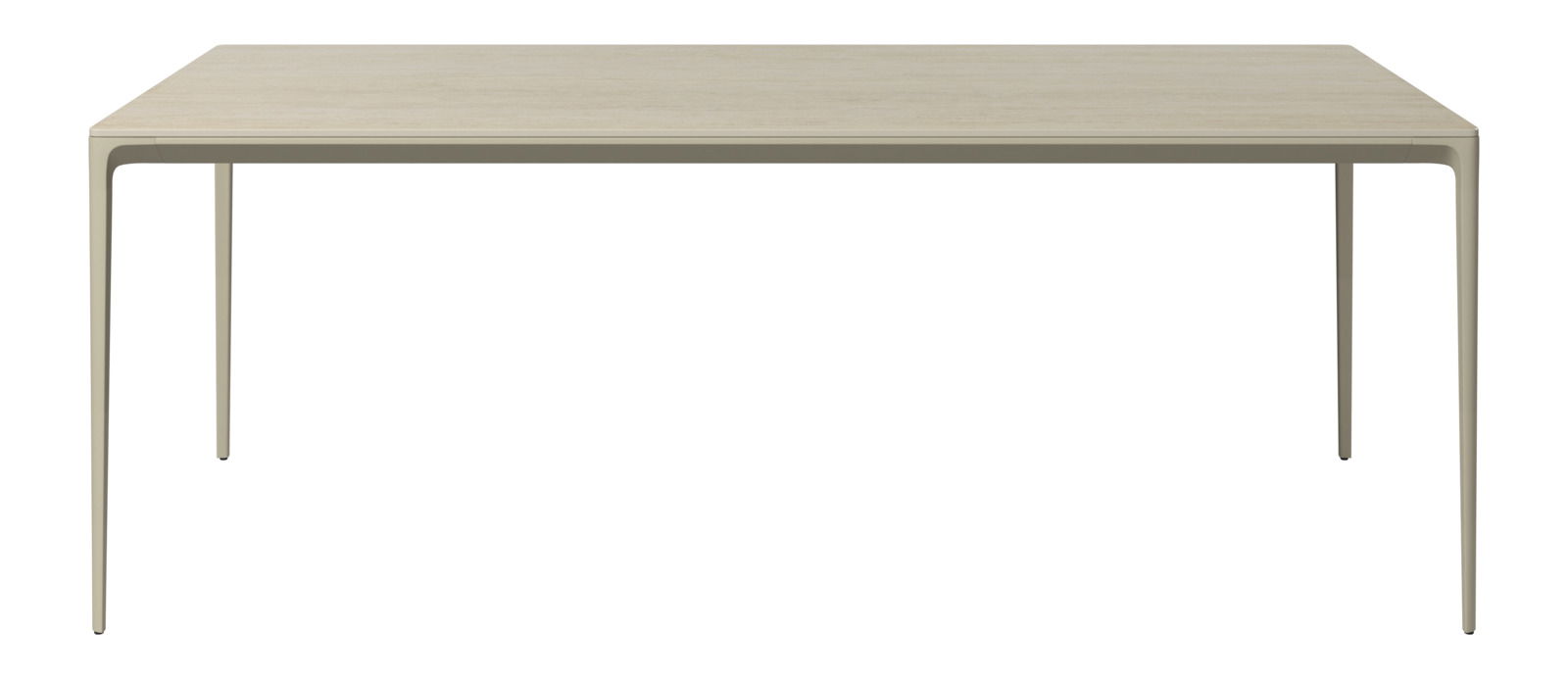 Moderner Gartentisch aus Holz mit schlanken Metallbeinen, frontal betrachtet.