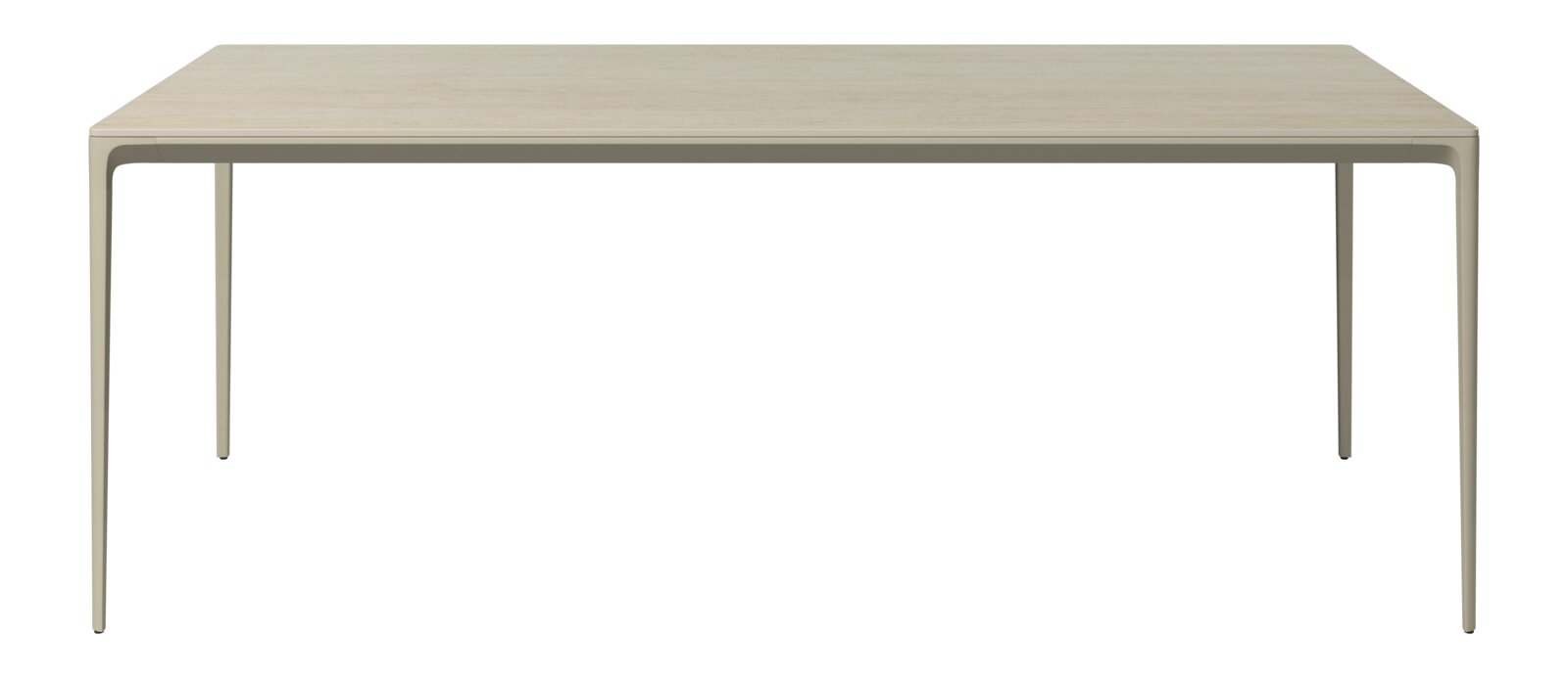 Moderne houten tuintafel met slanke metalen poten, gezien van voren.