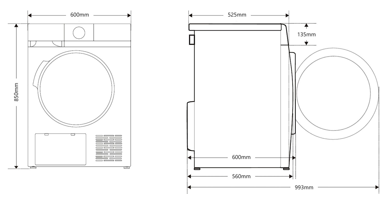 Technische Maßzeichnung eines Frontlader-Wäschetrockners, Vorder- und Seitenansicht, Maße ca. 600 mm Breite, 850 mm Höhe, 560–600 mm Tiefe, Türöffnung nach vorn; Perspektive: frontale Ansicht und Seitenprofil.