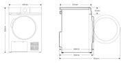 Technische Maßzeichnung eines Frontlader-Wäschetrockners, Vorder- und Seitenansicht, Maße ca. 600 mm Breite, 850 mm Höhe, 560–600 mm Tiefe, Türöffnung nach vorn; Perspektive: frontale Ansicht und Seitenprofil.