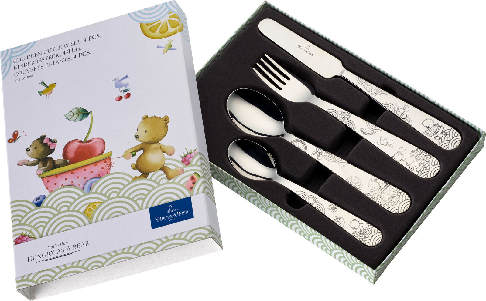 Villeroy & Boch Kinderbesteck 4-tlg. HUNGRY AS A BEAR Kinderbesteck-Set 'Hungry Bear' mit vier Teilen, bestehend aus Messer, Gabel und zwei Löffeln, in einer dekorativen Verpackung mit Bärenmotiv, schräg von oben fotografiert.