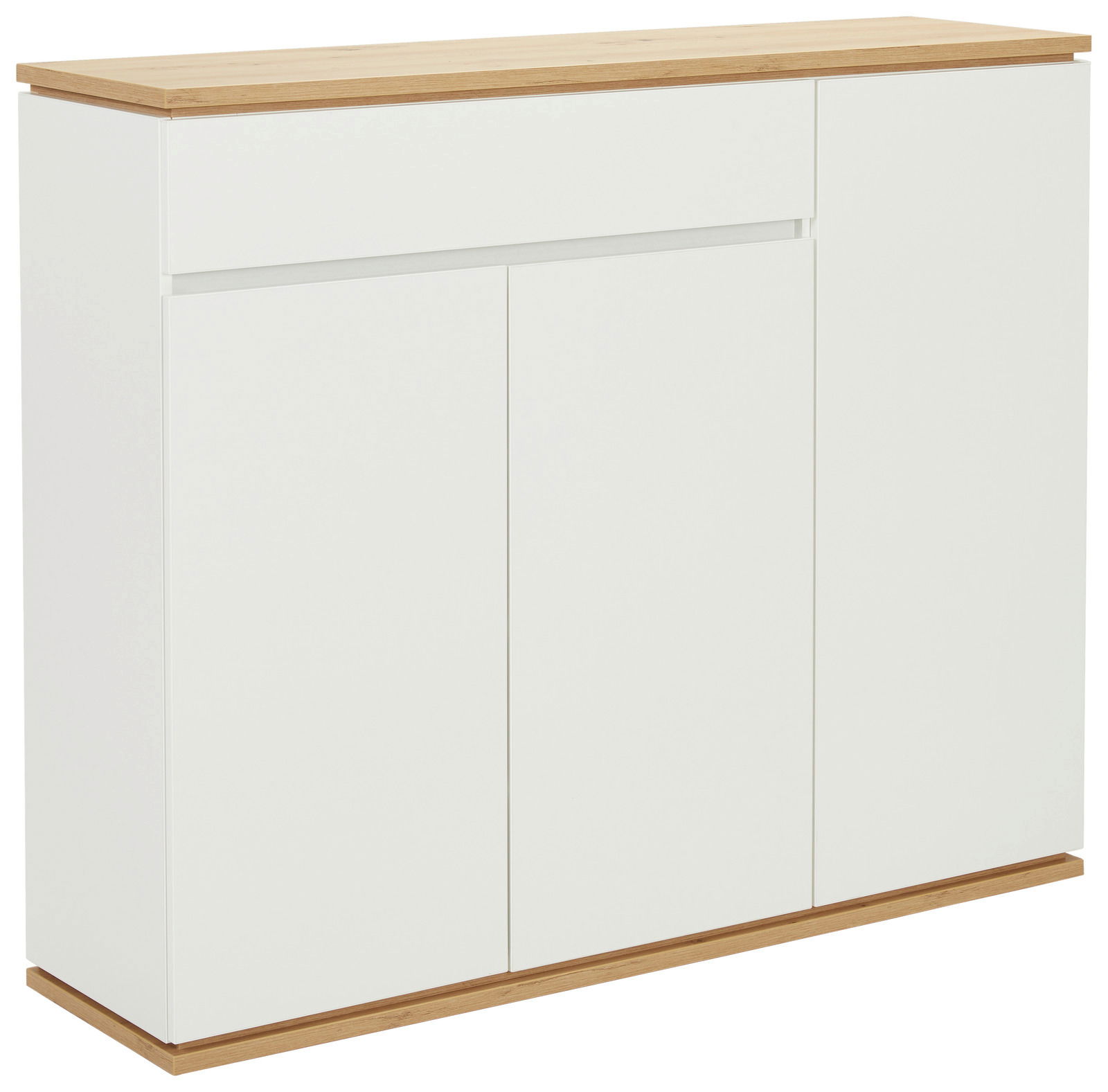 Moderner XL-Schuhschrank in Weiß mit Holzdetails, seitliche Perspektive