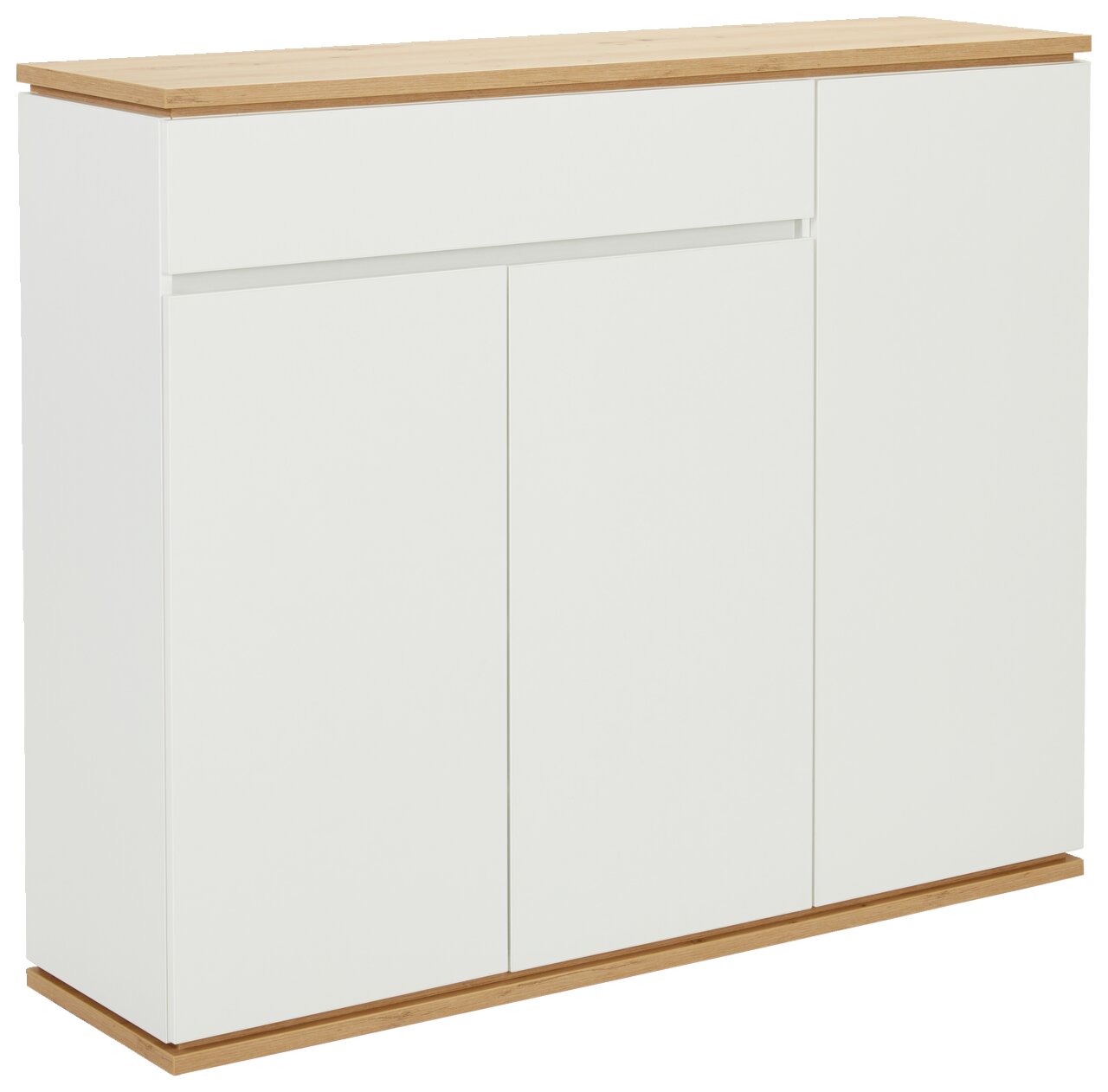 Moderner XL-Schuhschrank in Weiß mit Holzdetails, seitliche Perspektive