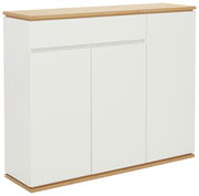 Moderner XL-Schuhschrank in Weiß mit Holzdetails, seitliche Perspektive