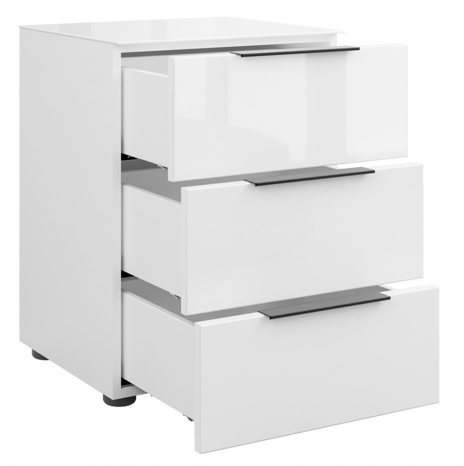 Weiße Nachtkommode mit drei offenen Schubladen, seitliche Perspektive