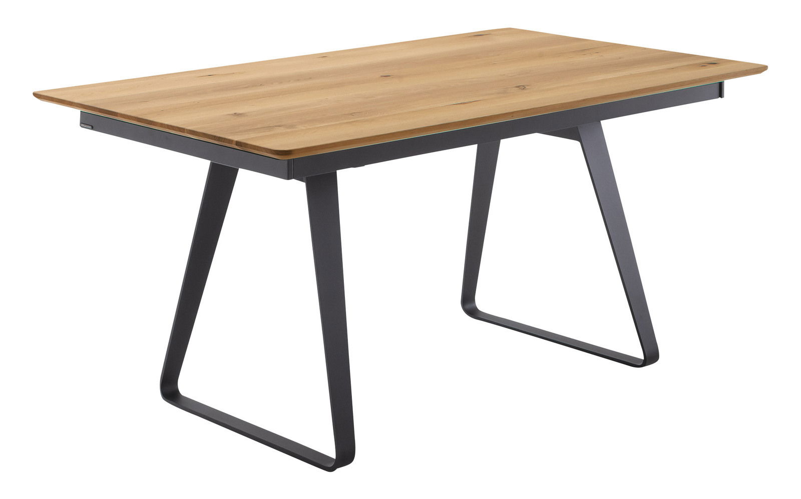 Moderner Esstisch mit Holzplatte und schwarzen Metallbeinen, seitliche Perspektive