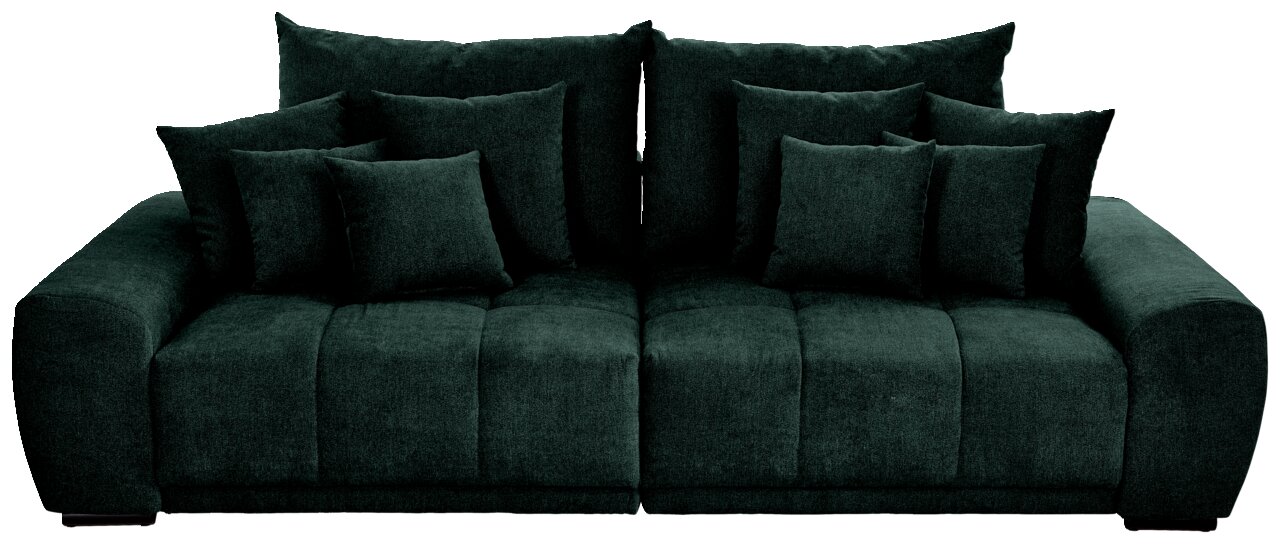 Großes, dunkelgrünes Sofa mit mehreren Kissen, Frontalansicht