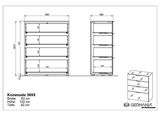 Technische Zeichnung einer Schubkastenkommode mit vier Schubladen, Vorder- und Seitenansicht, Maße: Breite 83 cm, Höhe 102 cm, Tiefe 42 cm.