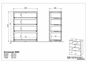 Technische Zeichnung einer Schubkastenkommode mit vier Schubladen, Vorder- und Seitenansicht, Maße: Breite 83 cm, Höhe 102 cm, Tiefe 42 cm.